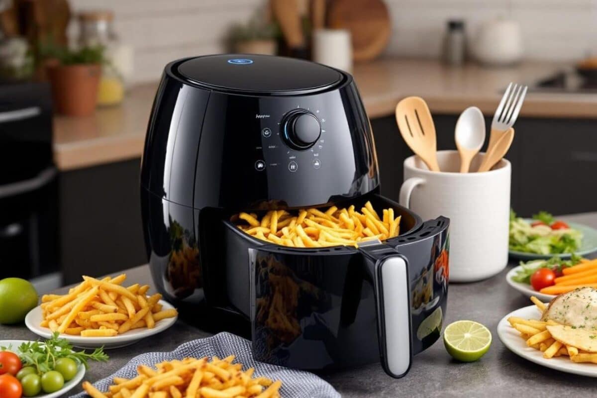 os alimentos e utensílios compatíveis com uma fritadeira a ar quente